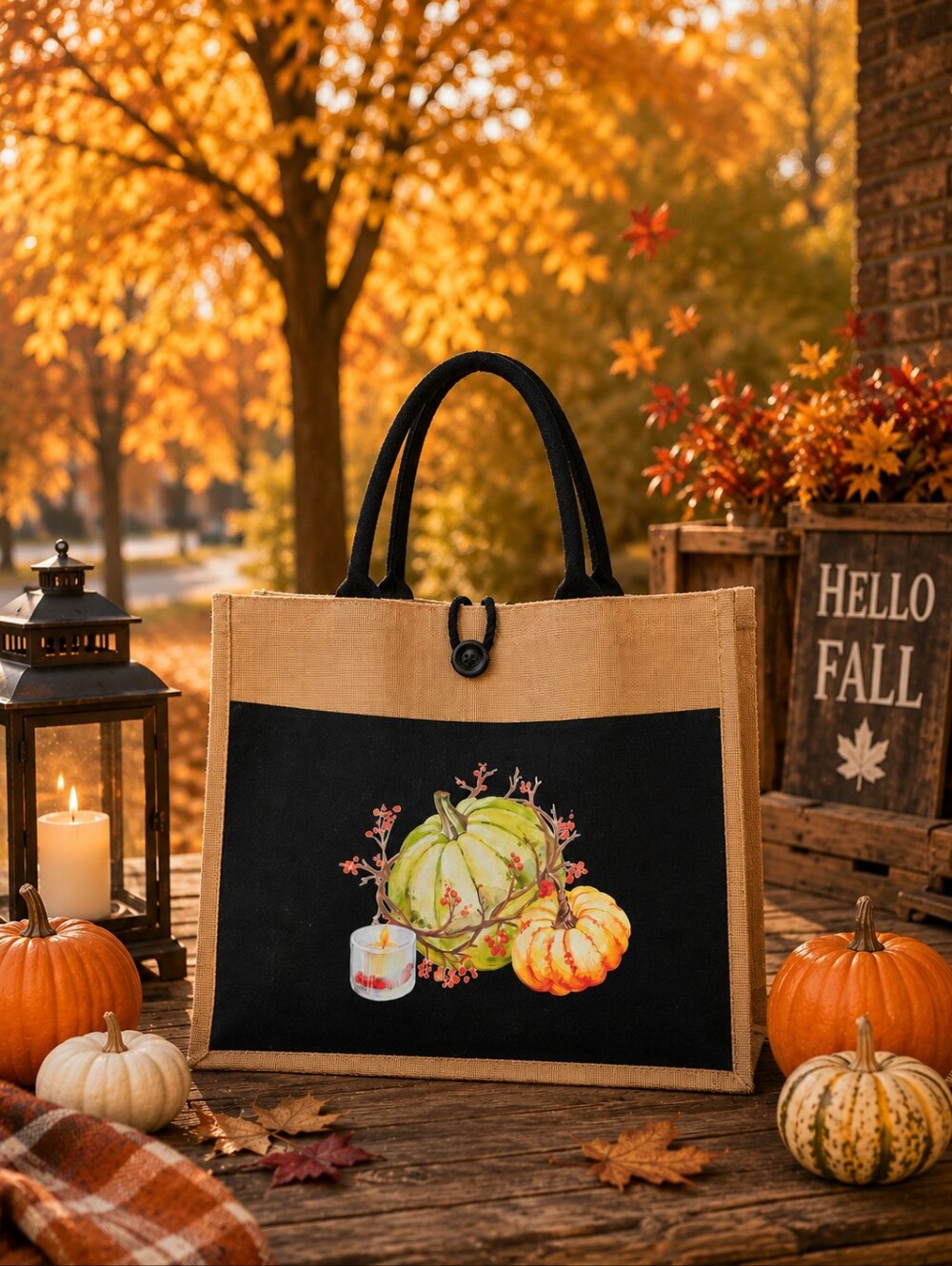 Fall Pumpkin Burlap Tote Bag | Black & Natural | Autumn Harvest